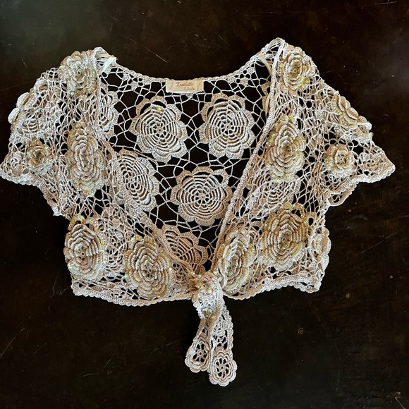 Kroshetta by Papillon crocheted sweater with sequin flowers, OS - Picture 4 of 12